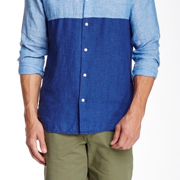 Vince Colorblock Long Sleeve Slim Fit Linen Shirt - Picture 2 of 7
